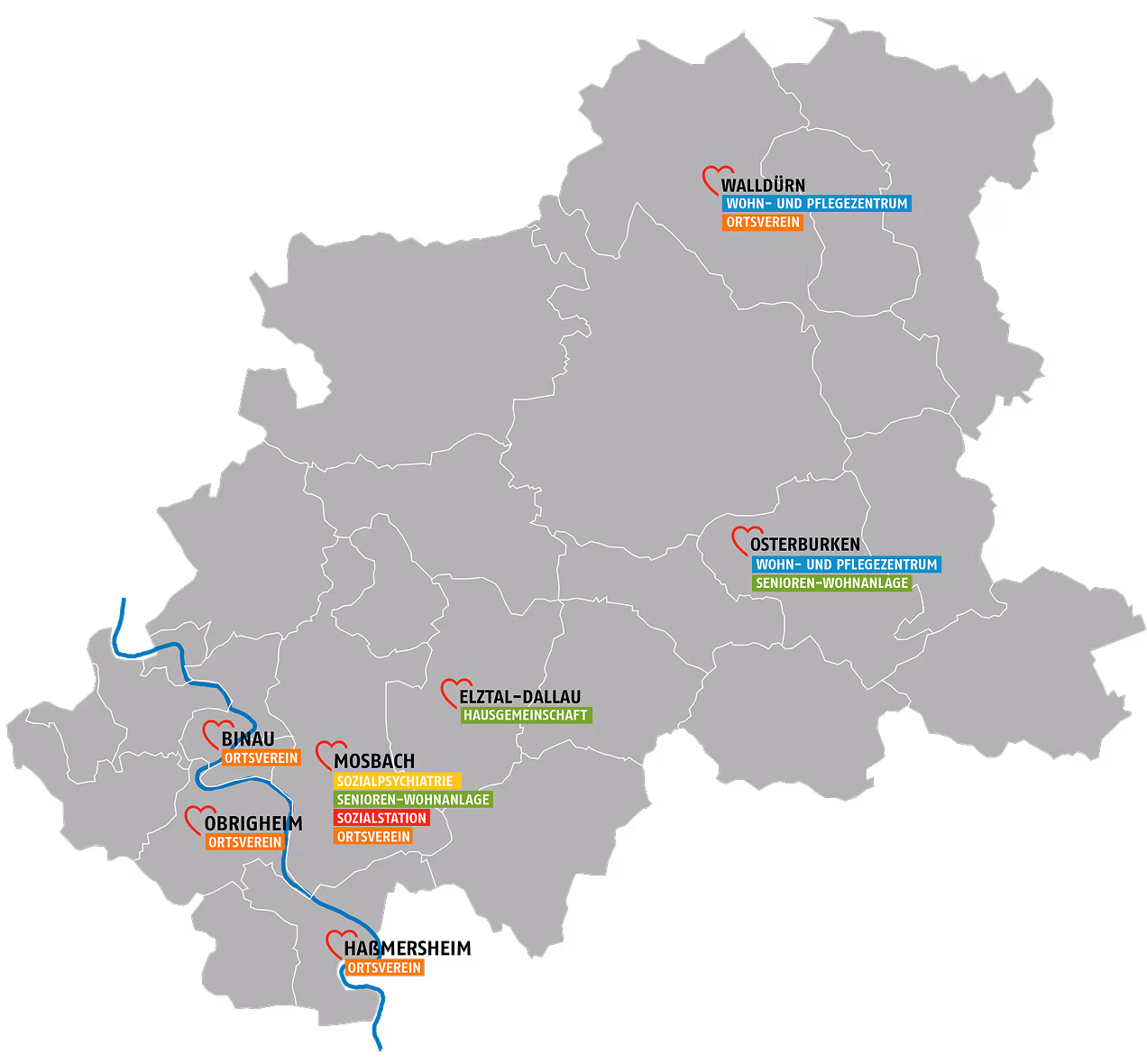 Karte des Neckar-Odenwald-Kreises mit Markierungen