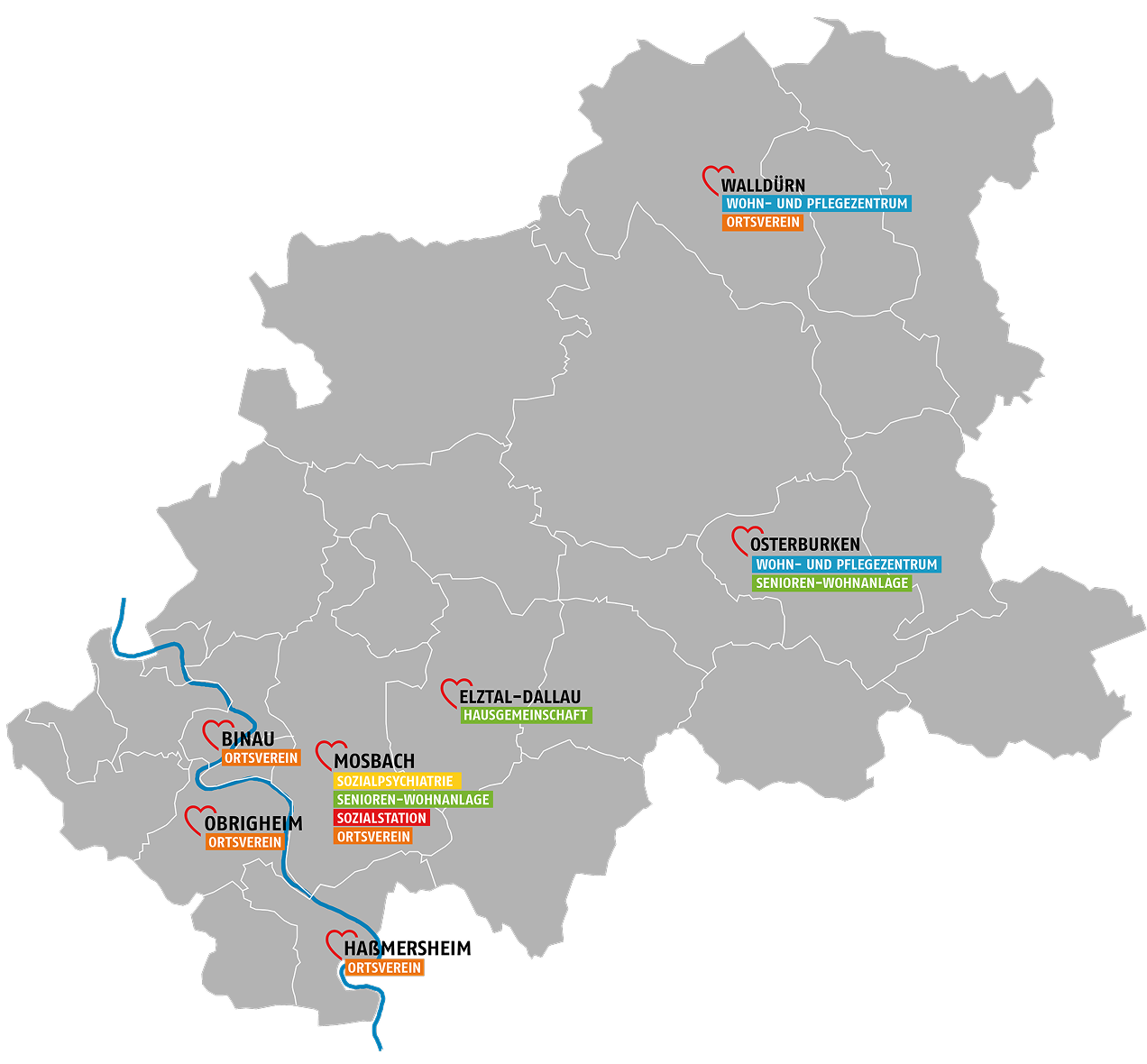 Karte des Neckar-Odenwald-Kreises mit Markierungen